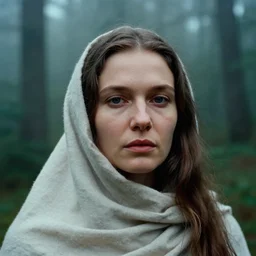 extreme close up portrait of woman, russian cinema, tarkovsky, kodachrome, dense forest, long brown hair, cloth, heavy fog, hudson river school, 4 k, dramatic lighting