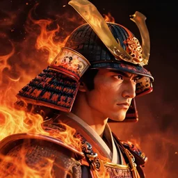 a profile picture of powerful japanese samurai wearing fire gear, detailed face, face symmetry, character concept portrait by moebius and laurie greasley, profile picture, 8 k, cinematic color grading