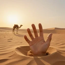 photo of a giant human hand protruding from the sand in the sahara desert in the style of mano del desierto, a camel stands off in the distance, golden hour, bokeh