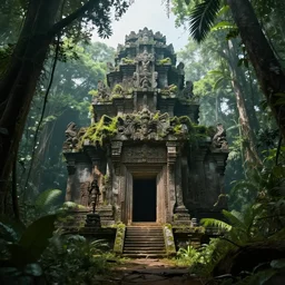 ancient temple of doom in the exotic jungle , Dynamic lighting, cinematic, establishing shot, extremely high detail, photo realistic, cinematic lighting, , post processed denoised, concept design, concept art, artstation, matte painting, midjourney, style by alex ross, raphael lacoste, eddie mendoza