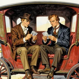 Phileas Fogg and Detective Fix playing cards inside a wagon, Frank Miller drawing,