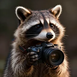 a hyperrealistic octane render of a raccoon with a dslr camera for an eye, photorealism, unreal engine, dramatic lighting, volumetric lighting, uplighting