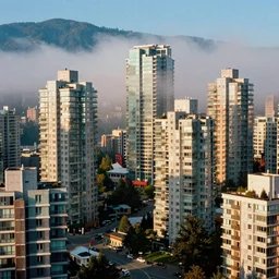 Macro photograph of Orwellian apartment complex within downtown Vancouver, dystopia, extreme detail, contemporary art style, vibrant colors, realism, cinematic, misty, 35mm film grain