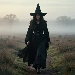 epic professional digital portrait art of a  dark witch on a morning stroll along the misty moors, best on artstation, cgsociety, wlop, Behance, pixiv, astonishing, impressive, outstanding, epic, cinematic, stunning, gorgeous, concept artwork, much detail, much wow, masterpiece.