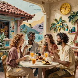 breakfast at las pozas, graffiti by moebius, happy mood, cyberpunk, futuristic, 1 9 7 0 cut out collage, technilogy, high detail, golden light, realistic