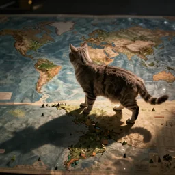 the cat stands on the land of the world map