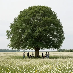 people gathered around an enormous, tree in the foreground of a meadow of daises, visible horizon, kate bush, dreamy, flat grey sky