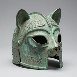a bronze age helmet in the shape of a shiba inu's head