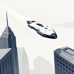 spaceship soaring between skyscrapers at great speed, minimalist, futuristic illustration francois boucher