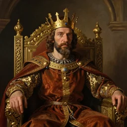 A portrait of Mr. Bean depicted as a medieval king on throne, close up shot, atmospheric lighting, painted, intricate, volumetric lighting, beautiful, rich deep colours masterpiece, golden hour, sharp focus, ultra detailed, by Leesha Hannigan, Ross Tran, Thierry Doizon, Kai Carpenter, Ignacio Fernández Ríos