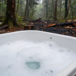 pristine porcelain bath filled with bubbles in a clearcut rainforest, slash and burn, cleared forest, deforestation, bubble bath, overflowing with bubbles, tree stumps, smouldering charred timber