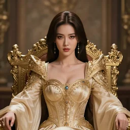 portrait of a fierce beautiful young asian queen with medium length hair, sitting on her throne, highly detailed, intricate, elegant, hyperrealism, digital art by ross tran and artgerm and wlop
