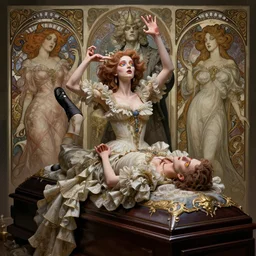 photography of the funeral of the damned, expressive poses, acrobatic, rainbow eyes, ornate frilly dress, fantasy, intricate, elegant, highly detailed, digital painting, artstation, concept art, smooth, sharp focus, illustration, art by artgerm and greg rutkowski and alphonse mucha, Zdzisław Beksiński octane render, 3d, hyperrealistic