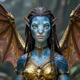 a stunning ultra detailed fantasy fine art portrait photo of a na'vi goddess from avatar movie with bat wings, by tom bagshaw and natalie shau, arms made of dragon skin, golden ratio composition, 2 4 m lens, deep depth of field, perfect eyes and face, soft lighting, artstation, 8 k