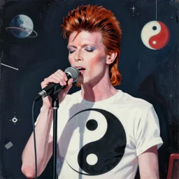 david bowie singing into microphone wearing a clearly symbol yin - yang shirt, scene in space, avant - garde painting