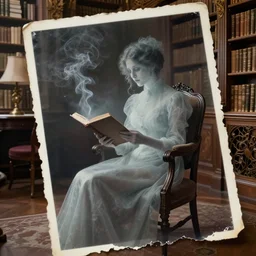 concept art, 1 9 th century photography, eerie transparent ghost of an ambient victorian woman reading in a chair, in well - lit art nouveau library room, ambient smoke, torn photograph, photorealistic, highly detailed, 8 k