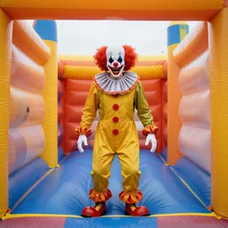 photo of a creepy clown in endless corridors made of bouncy castle