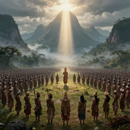 ancient indonesia, thousands of indonesian villagers punakawan warriors and priests, atmospheric, wimmelbilder, matte painting, background mountains, shafts of lighting, mist, epic, rule of thirds, 3 5 mm, 8 k, corona render, octane render, trending on artstation, ultra - detailed, hyper - realistic, volumetric lighting, 8 k