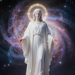 the creator of the universe wearing white clothes in space cosmic starts godly holy. immaculate matte painting. fantastic. velvet and retro. high key studio lighting. fractal dreams. ancient greece, trending on artstation, cgsociety, ps 5, uhd 8 k cryengine
