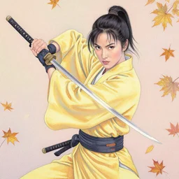 breathtaking detailed pattern pastel colors, action scene from kill bill, with uma thurman ( kill bill ) in yellow kimono, swinging katana sword and autumn leaves, by hsiao - ron cheng, exquisite detail, enhanced eye detail