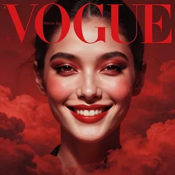 3 d, close - up, smiling fashion model face, cinematic, red mood, clouds, vogue cover style, dystopian art, poster art, futuristic, fantasy art, metaphysical painting, by guillermo del toro and james jean and david diao