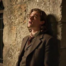 Still of a movie set in the 1930s where a young man with long hair is backed against a stone wall looking utterly panicked