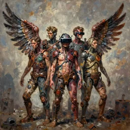 junky men, in center of composition, wings, cybertronic gadgets and vr helmet, flesh + technology, durty colours, rotten textures, rusty shapes, biotechnology, norman rockwell, tim hildebrandt, dariusz zawadzki, bruce pennington, larry elmore, hyperrealistic oil painting on canvas, deep depth field, masterpiece, cinematic composition, hyper - detailed, hd