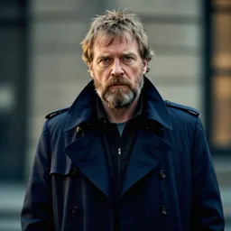 christopher lloyd with a scruffy beard in a dark blue trenchcoat, cinematic, volumetric lighting, f 8 aperture, cinematic eastman 5 3 8 4 film, photorealistic