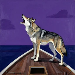 a wolf barking on a 1700s ships bow during night with purple sky in fernando de noronha, from Kazimir Malevich trying imitate pablo picasso in louvre