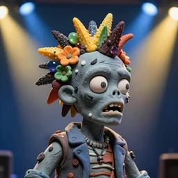 headshot of a zombie punk rock star, head made of fruit gems and flowers in the style of arcimboldo, fragonard, photorealistic, dynamic lighting, action figure, clay sculpture, claymation, gray blue and yellow, stage spotlight lighting