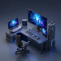 gaming setup from future, cyberpunk style, product photo, octane render, unreal render, ultra detail, no noise, isometric, full view