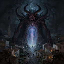 a demonic magical ethereal portal!!! to hell. in a mediterranean town. dark matte painting by ( eytan zana )