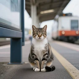 cat waiting for the bus, photo, train station, pic of a kitten