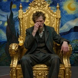 highly detailed portrait of a lonely thin man crying while sitting alone on a golden throne, unreal engine, fantasy art by vincent van gogh