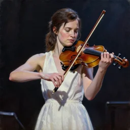 ellie from the last of us in a white dress playing the violin on stage. hyperrealistic oil painting, 4k, very detailed faces, art station