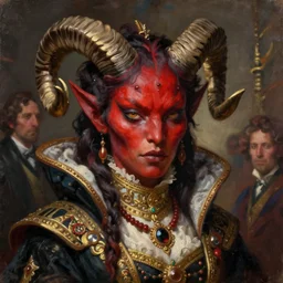 painted close - up portrait of a red - skinned intimidating demon girl with ram horns. oil painting, wearing a noblewoman's outfit, fantasy art by greg rutkowski and john singer sargent and gaston bussiere and luis rollo, demon noble character design