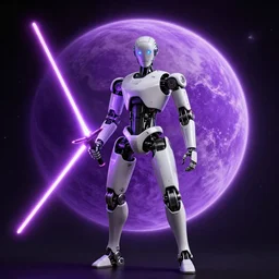 humanoid robot wielding lightsaber in front of a violet planet, unreal engine, featured on cgsociety, scifi futuristic character concept