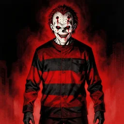 freddy krueger, in the style of beksinski, red, black, glowing, vibrant, chiaroscuro, high detail, perfect artwork, clean lines