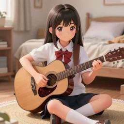 a cute school girl portrait playing guitar on bedroom floor in detailed anime painting drawing style squareenix 3d unreal trending on artstation pixiv deviantart realistic hd frank Miller sorayama giger ito junji