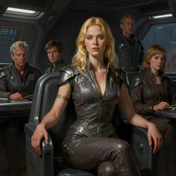 scifi art by greg rutkowski, a very tall and slender woman with blond hair, sitting with the crew on the ship's bridge, dark lighting atmosphere, detailed portraits, nostalgic atmosphere, scifi, digital painting, artstation, concept art, smooth, sharp foccus ilustration, artstation hq