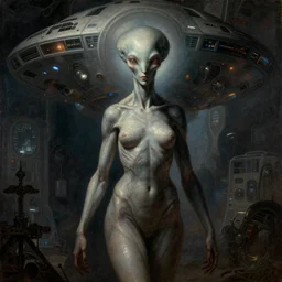 an extremely detailed masterpiece painting of a beautiful pleiadian extraterrestrial female and spaceship technology in background, in the style of albrecht durer, digital art, epic scene, extremely moody lighting, glowing light and shadow, atmospheric, shadowy