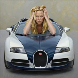 beautiful t charlize theron with long blonde hair locks holds over its head on its two hands bugatti veyron, oil on canvas, naturalism