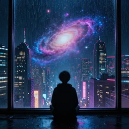 lonely cyber person made of cosmic galaxy energy watching a vast rainy colorful complex cyberpunk futuristic city from behind at night through a window in a room, 8 k, photorealistic, concept art, wet, highly detailed, cinematic mood by ridley scott, ghost in the shell, akira, digital painting, trending on artstation, glowing lights, sharp focus, epic composition