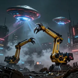 apocalyptic scene of jcb yellow robot arms with claws reaching out to try and catch the fast moving ufos, tuned to a dead channel, in the style of blade runner, cyberpunk, laser, smoke, debris