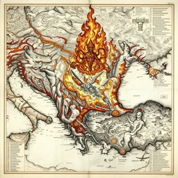intricate detailed ancient map of the regions of hell and the dimensions of the damned, inferno flames demons daemons purgatory limbo, technical cartography with annotations and notes in the margins, by andreas rocha and peter mohrbacher