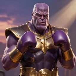 Gigachad Thanos, boxing stance, wearing a luxurious roman warrior armor with gold and purple details, sigma male, accurately portrayed, portrait art by alphonse mucha and greg rutkowski, highly detailed, digital painting, concept art, illustration, dim lighting with twilight rays of sunlight, trending on artstation, very detailed, smooth, sharp focus, octane render, close up