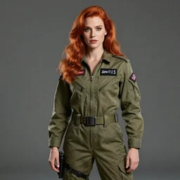 epic professional midlength digital portrait of attractive thin redhead woman wearing airforce jumpsuit, facing front, by neal adams and, artstation, cgsociety, wlop, epic, much wow, much detail, gorgeous, detailed, cinematic, masterpiece