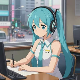 high definition anime portrait of a pastel blue haired anime girl sitting at a desk studying with headphones on, background is a window looking out into a busy Tokyo district, lo-fi art, by Studio Ghibli, trending on artstation, sharp high quality anime, digital art, photoshop, proportionate, ambient lighting