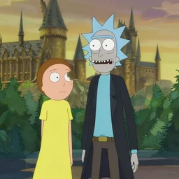 a cinematic movie still from rick and morty go to hogwarts