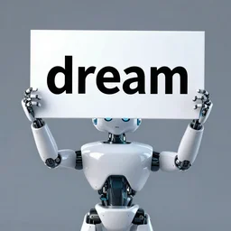 robot holding a sign with text that reads : dream